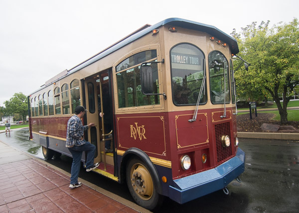 Some visitors used the River Valley Transit trolley to get around campus (and the community) while others braved the soggy slog on foot. 