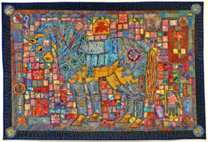 Sharon Wall's "War Horse," – cotton fabric, quilt binding, polyester thread, fabric paint, fabric dyes and metallic foil, 40x59 inches