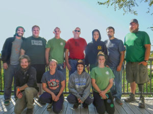 Representing Penn College at a recent woodsmen's meet in North Carolina were: (front row, from left) Tyler W. Lauver, Mifflinburg; Alyssa R. McGraw, Bellefonte; Nancy M. Summers, Turbotville; and Kristin E. Cavanaugh, Bellefonte; and (second row, from left) Noah L. English, Bloomsburg; Jackson H. Gehris, Cogan Station; Anthony A. Hampton, Clearfield; G. Andrew Bartholomay, assistant professor of forest technology; Abigail L. Hufnagle, Lewisburg; Erich R. Doebler, laboratory assistant for forest technology; and Paul M. George, of State College.