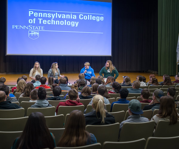 A panel of Penn College students pursuing STEM careers talks with the visiting high schoolers. From left are Colleen E. and Kristen E. Bowes, web and interactive media students from Wayne; Cory M. Bannon, an industrial design major from Harrisburg; and Marcus N. McFall, an industrial Design student from Boalsburg.