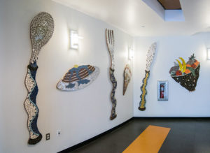 Wall hangings designed and made by Penn College students in an Art of the Mosaic course adorn the Capitol Eatery, the college’s largest and busiest dining unit. 