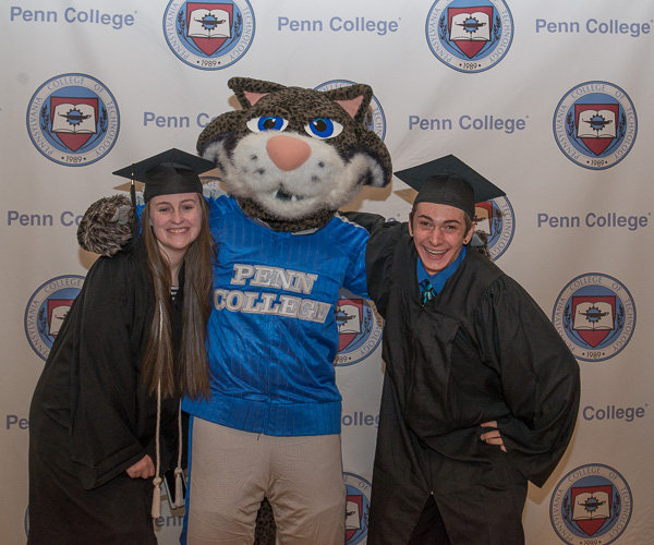 During pre-commencement at The Genetti, the Wildcat pals around with Brittney D. McHugh, of Frederick, Md., and Nathan D. Strouse, of Spring Mills. Both received bachelor degrees in applied management to add to their associate degrees in baking and pastry arts earned in 2015. 