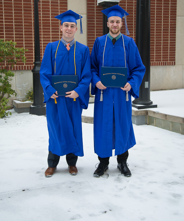 Renewable energy technologies graduates know how to stay warm! They are: Matthew M. Bernick (left), of Lewisberry, and Chet A. Schwoyer Jr., of Williamsport. 