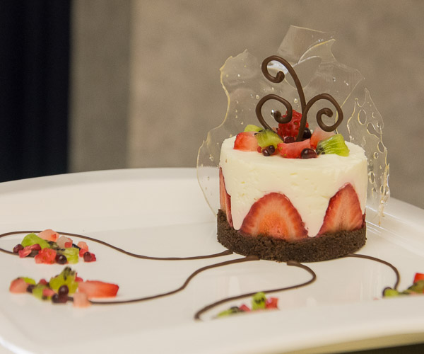 Alexis L. Kepley’s second place dessert, “Very Berry Cheesecake,” features a chocolate crust and is topped with nitrogen-frozen strawberries, blackberries, raspberries and kiwi.