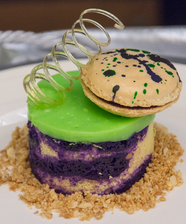 Lloyd A. Shope earned an honorable mention in Classical and Specialty Dessert Presentation for an almond cake filled with sage pastry cream and garnished with a blackberry macaron, white chocolate-nut cookie crumble, a sugar corkscrew and white chocolate sauce.