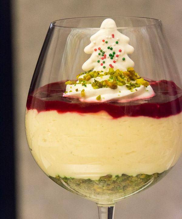 A Christmas cheesecake trifle, with a pistachio crust, vanilla bean cheesecake, raspberry sauce and a white-chocolate tree was the handiwork of Andrea L. Solenberger.