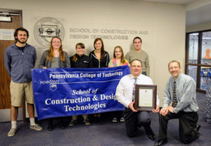 From left are students Noah D. Haring, Hanover; Kristine M. Luther, Duncansville; Rachel E. White, Doylestown; Yvette B. Moore, Williamsport; Lindsay A. Lane, McKean; and Seamus P. Coyle, Hatboro; ICC liaison James Ellwood; and Rob A. Wozniak, associate professor of architectural technology. Lane is majoring in residential construction technology and management: architectural technology concentration; her classmates are all building science and sustainable design: architectural technology concentration students. (Photo by Grace F. Clark, student photographer)