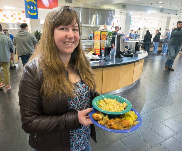 Human services major (and Madigan Library employee) Stephanie L. Johnson, of Waterford, is all set to sample the scrumptious Capitol Eatery fare.
