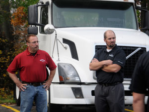 Recently reuniting at Penn College are alumnus Greg A. Moser (right) and Mark E. Sones, one of the diesel instructors who guided him toward an associate degree.