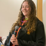 Madison P. Shrout, a graphic design major from Peterburg, donned Gryffindor garb to pose challenging Potter questions.