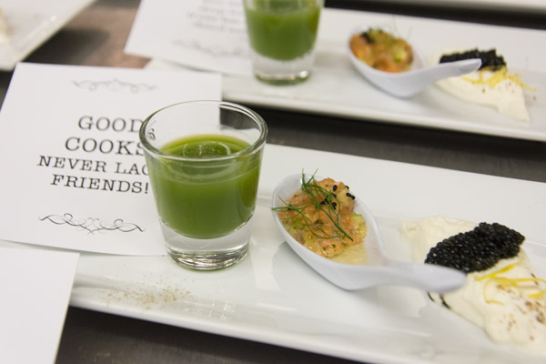 The appetizer course, “Trio of Tru Amuse Bouche,” named for Tramonto restaurants Trio and Tru (and one of his eight cookbooks, “Amuse-Bouche”), includes famous food-related quotes, a special touch by the chef.