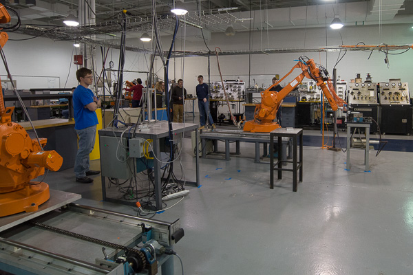An industrial robot is put through its paces in automated manufacturing.