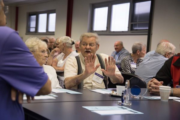 An animated George Gardner, ’62, carpentry, reminisces. 