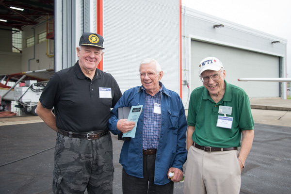 Chalmer Van Horn, (center) ’58, mechanical drafting alumnus and professor emeritus of drafting, enjoys the company of two former students, David Cross, (left) and Arthur Mann, 1965 graduates in mechanical drafting. 