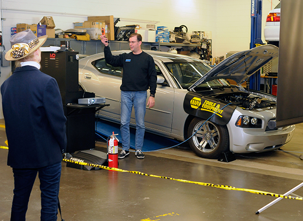 Engine dynamometer testing is featured in a presentation by Chris J. Holley, an assistant professor in automotive technology.