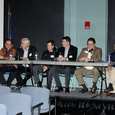 A morning panel offers pointers on such student issues as gaining trust from a first employer and architects' pet peeves about working with general contractors. From left are Shimmel, Visco (who was succeeded by Bird for the afternoon session), Mowrey, Engel, Balzer, Lutz, Murr and Tabolinsky.
