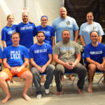 Courageously stepping up (and sitting down), the Penn College Athletics staff elects to receive. Front row (from left): Jeremy R. Bottorf, coordinator of intramural sports and campus recreation; Tyler S. Mensch; men's soccer coach/game day manager; Matt J. Blymier, assistant director of athletics/sports information director; Chris H. Howard, baseball coach/game day manager; John F. McNichol Jr., women's soccer coach/game day manager; and Ryan S. Callahan, men's basketball coach/sports information assistant. Back row (from left): Lauren Healy, women's basketball coach/student-athlete development assistant; Derrick Winters and Joanna Entz, athletic trainers; John D. Vandevere, director of athletics; and Jackie Klahold, softball coach/senior women's administrator.