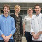 Dylan H. Therrien, left, of Reading, was named a 2017-18 recipient of the Jones Dairy Farm Culinary Scholarship. With him (from left) are: Elizabeth A. Biddle, director of corporate relations for Penn College; Kate Hunter, ’00, manager of Peak Sales and Marketing; and Chef Charles R. Niedermyer, instructor and department head of baking and pastry arts/culinary arts.