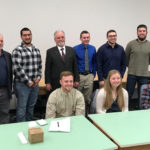 Surveying technology faculty and students were among those attending a recent dinner meeting of the Susquehanna Chapter of the Pennsylvania Society of Land Surveyors. Front row (from left): Colton L. Copenhaver, McClure; Madison L. Carts, State College; and Dustin M. Houck, Petersburg. Back row (from left): Mark A. Valchar, Petersburg; Brock L. Gosling, Denver; faculty member Eric D. Henneberger; Derick L. Weaver, student award recipient; Howard L. Knapp V, Titusville; and Shawn L. Sheeley Jr., Kersey.
