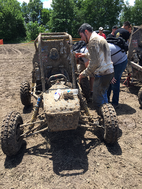 The college's entry is barely recognizable after the race.