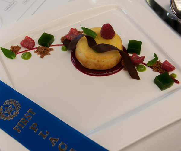 Judges award first place in Advanced Baking Applications for Culinary Arts to R. Colby Janowitz, of Westminster, Md., for white chocolate cake with raspberry sauce, chocolate tuile, mint gelee, fresh raspberries, mint leaves and brown butter solids.