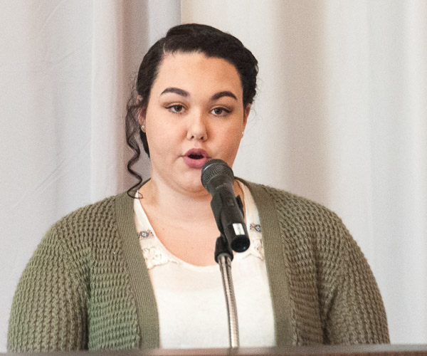 Jordan C. Bozzelli, a student development assistant and recipient of the SkillsUSA scholarship, tells attendees about her Penn College and SkillsUSA experience.