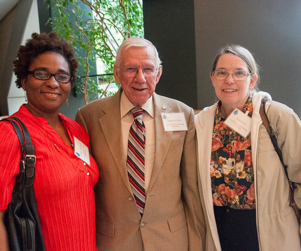 Sherly Charles, a student in health arts: practical nursing emphasis and recipient of the Ruth Ann Van Horn Nursing Scholarship, pauses for a photo with Chalmer Van Horn, an alumnus and retired faculty member who established the scholarship in memory of his wife, and his daughter Rosa Hessler.