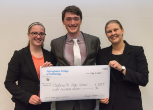 Hughesville High School students (from left) Emilie Detweiler, Jacob Reynolds and Samantha Thompson were awarded $800 for their plan to build a sensory garden at the Hughesville Public Library.