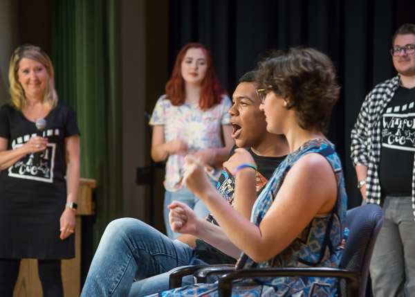 Marie E. Fox (left), Drama Club adviser at Williamsport Area High School and a Community Theatre League board member, helps campers hone their improv skills.
