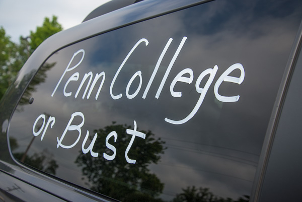 The Crise family vehicle, loaded and lettered for the two-hour northward ride from Mount Holly Springs, delivered Zachary A., an information technology services-gaming and simulation student. 