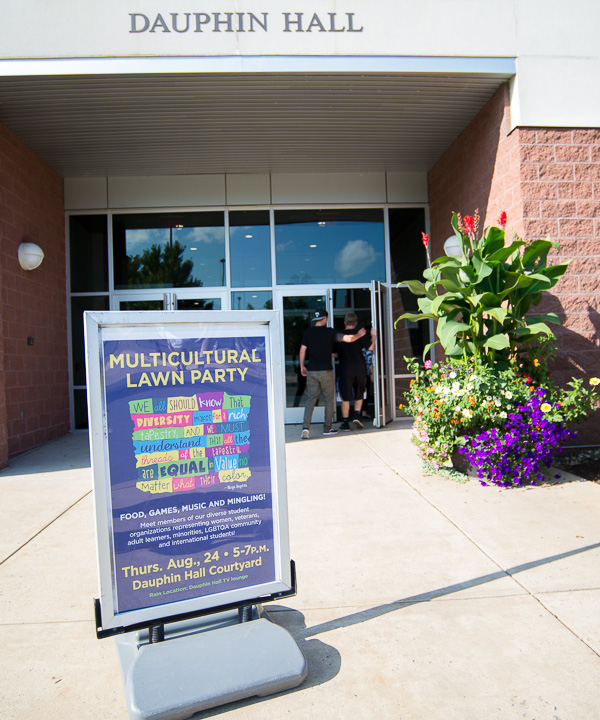 With the lawn party moved from The Victorian House to Rose Street Commons for more visibility and heightened attendance, a sign outside Dauphin Hall lets students know they're in the right place.