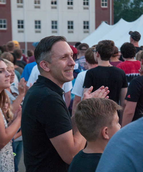 Among those giving first-year students a hearty welcome Saturday night are Jim R. Dougherty III, assistant director of classroom technology and A/V services ...