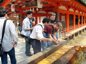 During a 2004 study abroad trip, LeBlanc (in white shirt) joins students at a cultural site in Japan. LeBlanc led six Penn College study abroad courses in Japan, where students visited Tsuyama National College of Technology. Photo courtesy of LeBlanc