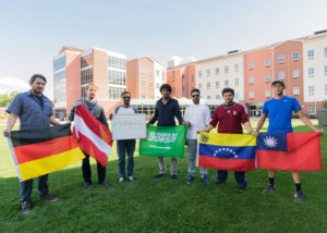 From left, students Jan J. Bruegmann, of Germany; Laurent P. Mahr, of Austria; Yousef I. Asiri, Abdullah A. Albishi and Mohammed A. Alhussain, all of Saudi Arabia; Rene Ramirez, of Venezuela; and Po-Ju Sung, of Taiwan, gather to celebrate the kickoff of Welcoming Week at Penn College, sharing what they love about the campus and the community.