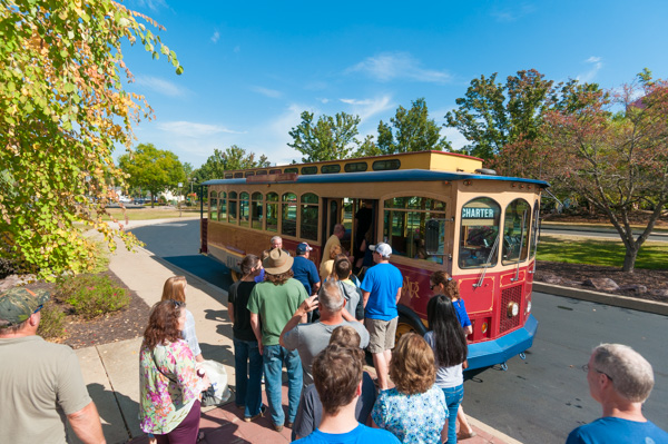 A River Valley Transit trolley takes on passengers interested in exploring Historic Williamsport neighborhoods near main campus.