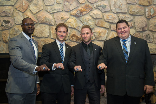 Rings on kings! Showing off their hard-earned Hall of Fame hardware are (from left) LeRoy Joiner, Steven D. Bull, William J. DeAngelo and Zachary M. Plannick.