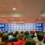 In the Phillies Media Room at Citizens Bank Park, college students attend a panel Q&A with Phillies and Major League Baseball communications and marketing professionals. 