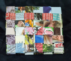 Recycled art created by Judy Fink, an alumna and longtime employee who retired during the 2016-17 academic year, was featured in an earlier “Working Class” blog.