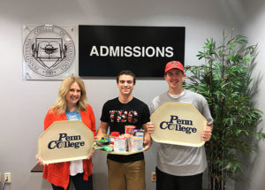The Penn College Admissions Office was among the many partners in a campuswide collection for The Cupboard food pantry. From left are Admissions Counselor Lynn Y. Frey and Student Ambassadors Logan M. Tubiello, of Ottsville, and Alexander C. McDonnell, of Brookhaven.