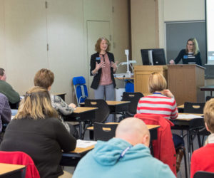 Erin S. Shultz (left), coordinator of career development, and Danielle M. Liddic, coordinator of employer/industry relations, talk about how to help students choose a career they will love.