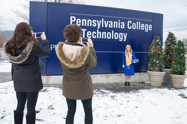 Braving the snow and chill is Samantha Lelko, of Perkiomenville, a hospitality management graduate. 