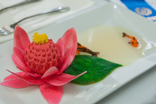 Garnering first place in the Classical and Specialty Dessert Presentation course is a Japanese wagashi with dark chocolate strawberry truffle, paired with a white chocolate water lily, tuile lily pad, a pond of clear caramel, and koi, also made from wagashi. The dessert was made by Somer A. Safford, of Port Allegany.