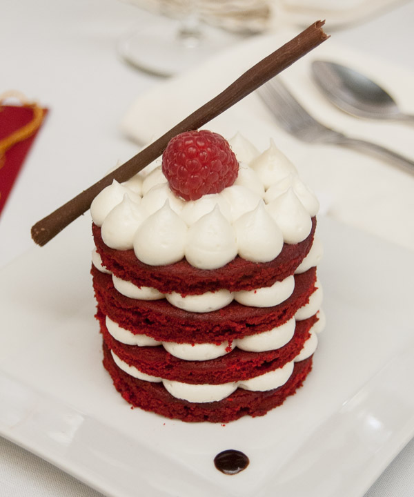 The second-place dessert, made by Sarah A. Waclo, of York, is a red velvet cake layered with cream cheese frosting and topped with a “chocolate cigarette” and fresh raspberry.