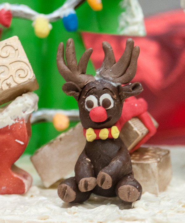 Rudolph makes an appearance on a chocolate centerpiece.