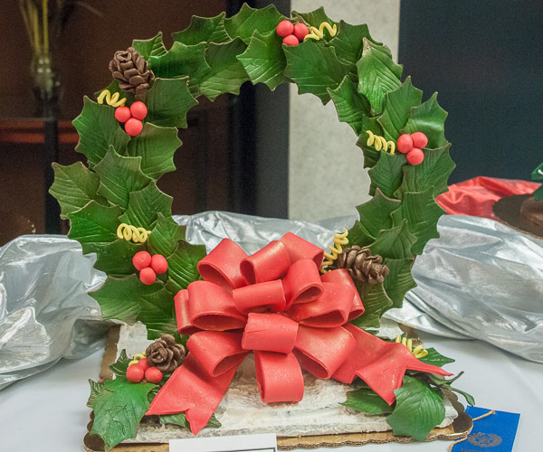 Erica L. Breski’s masterpiece – with delicate chocolate holly leaves – takes first place in Principles of Chocolate Works. Breski is from Harrisburg.