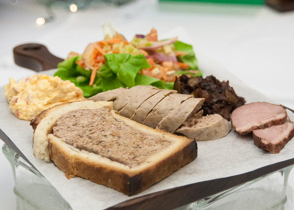 Their accompanying charcuterie board shows off the contents of their entry: German mixed salad with mustard vinaigrette, haymarket pate en croute, duck ham (cured duck breast marinated in seasonings then smoked), apple chutney, chorizo sausage and pimento cheese.