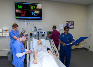 Penn College nursing students attend to SimMan, a patient simulator that can be programmed with a variety of symptoms to help the students practice a variety of health scenarios. In 2016-17, graduates of the nursing program passed national board exams at a rate that exceeded state and national pass rates.