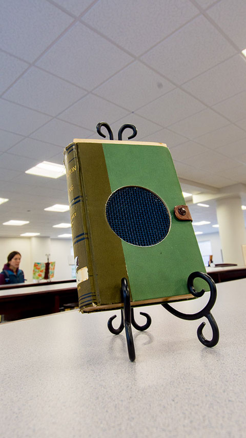 Nina M. Hadden, of Murrysville, upcycled this book into a bluetooth speaker powered with a rechargeable battery (and a USB port to provide juice for an external device). The leather detailing of the industrial design major's 