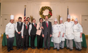 Eight exceptional students in Penn College’s hospitality majors were selected to help prepare and serve food for the Pennsylvania Governor’s Residence Annual Winter Gala in December. From left are Chef Michael J. Ditchfield, instructor of hospitality management/culinary arts; students Austin B. Ovens, of Elizabethtown, Mallory A. Hoffman, of Pottsville, Jacob W. Parobek, of Seltzer, and Kelsie F. Thomas, of Darby; Pennsylvania First Lady Frances Wolf; Gov. Tom Wolf; and students Magdalen C. Bennett, of Erie, Bridget M. Callahan, of Pottsville, Amaris T. Smith, of Williamsport, and Charlie E. Cooke, of Wayne.
