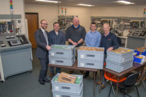 Phoenix Contact, with U.S. headquarters in Middletown, delivered approximately $35,500 worth of programmable logic controller components to Penn College recently to benefit students in four majors. From left are Kyle A. Smith, executive director of the Penn College Foundation; Jon W. Hart, instructor of electrical technologies and co-department head of Electrical Technologies and Occupations; David R. Cotner, dean of industrial, computing and engineering technologies; Eric Johnson, industrial sales engineer for Phoenix Contact; and Patrick Marty, vice president for college relations.